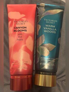 Victoria's Secret Canyon Blooms (coral) & Warm Vanilla Woods (teal) Lotions